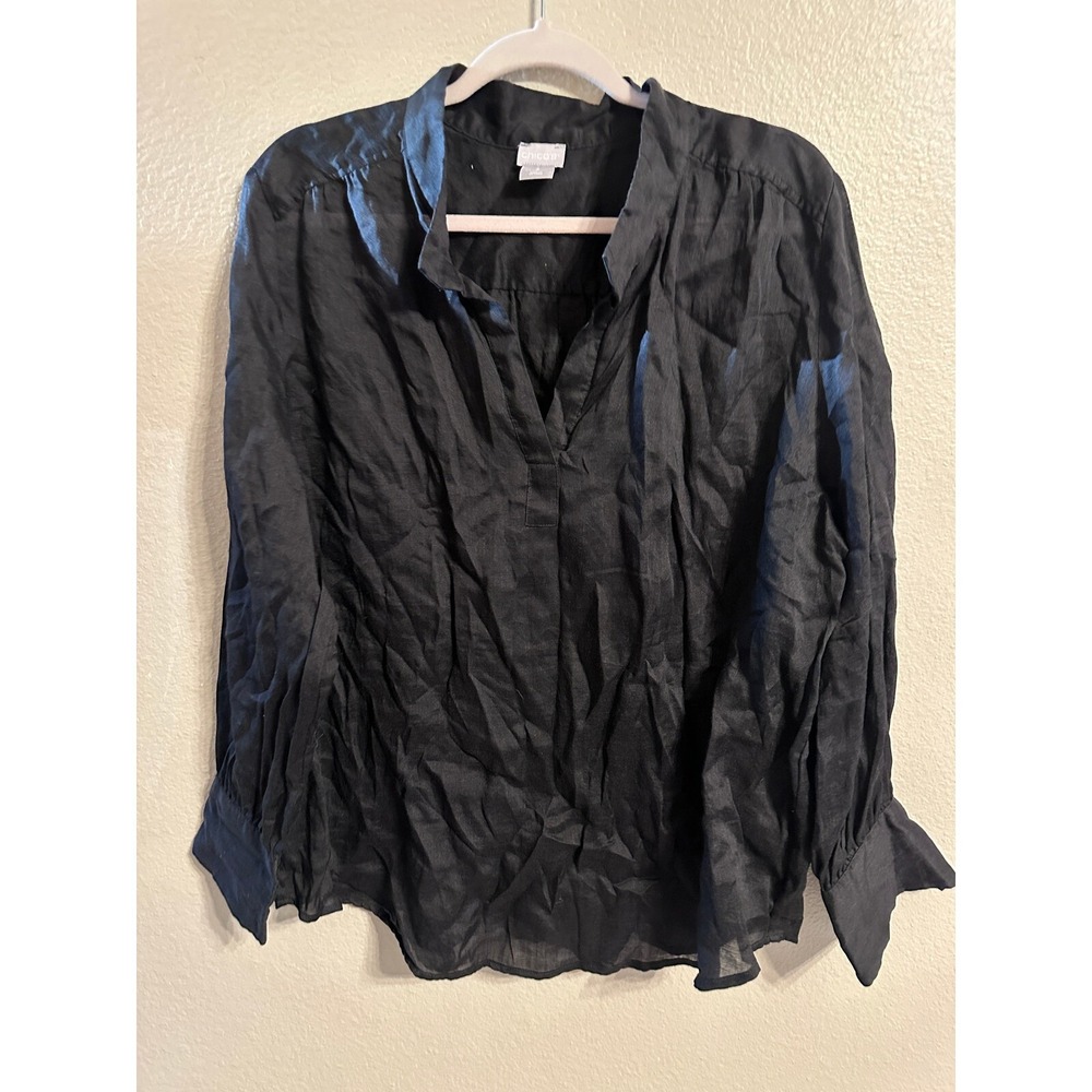Chico's Black Tunic Top Long Sleeve V-Neck Ramie Blend Blouse Size 3
